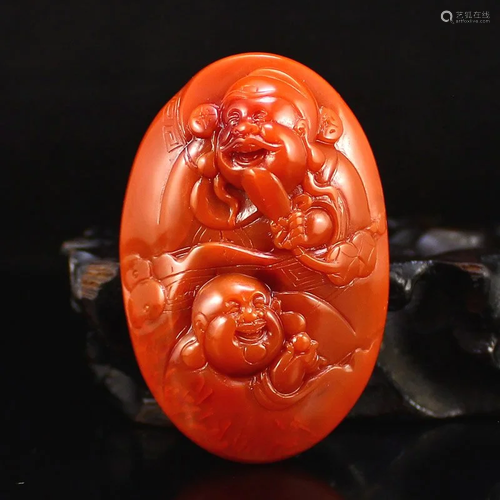 Nanhong Agate Laughing Buddha & Fortune God Pendant