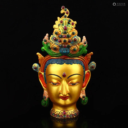 Gilt Gold Red Copper Inlay Gem Buddha Head Statue