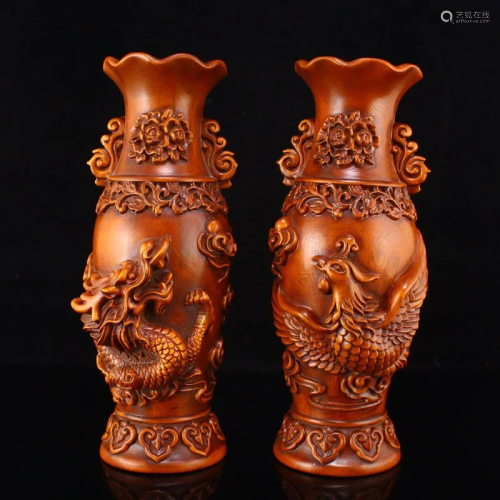A Pair Boxwood Wood High Relief Dragon & Phoenix Vases