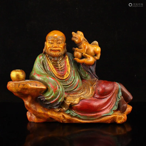 Gilt Gold Tianhuang Stone Buddhism Arhat & Beast Statue