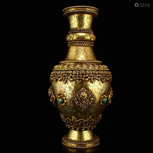 Tibetan Buddhism Gilt Gold Red Copper Vase