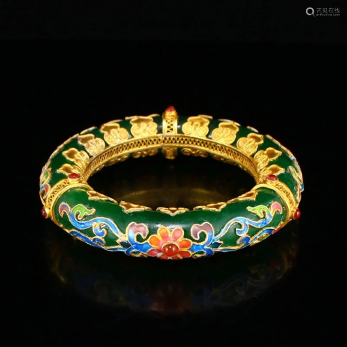 Superb Green Jade Inlay Gold Wire Enamel Gems Bracelet