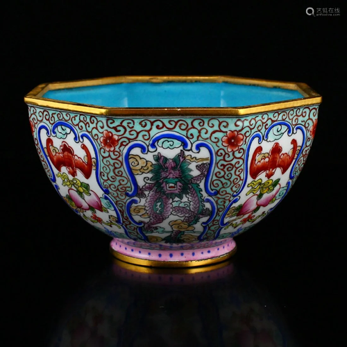 Chinese Gilt Edge Red Copper Enamel Bowl - Dragon & Bat