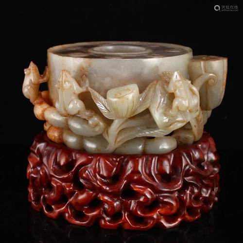 Chinese Qing Hetian Jade Lotus Pod & Frogs Brush Washer