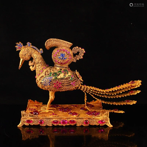 Exquisite Gold Wire Enamel Inlay Ruby Phoenix Statue