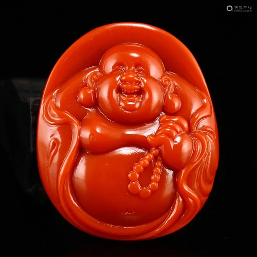 Chinese Natural Nanhong Agate Laughing Buddha Pendant