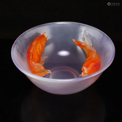 Beautiful Color Chinese Agate Double Fish Bowl