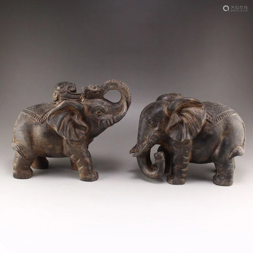 Pair Old Chinese Stone Carved Lucky Elephant Statues