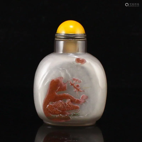 Chinese Natural Agate Carved Figure & Boat Snuff Bottle
