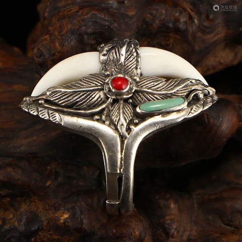 Chinese Pure Silver Inlay Turquoise & Coral Men's Ring