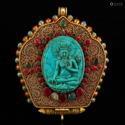 Silver Gilt Gold Inlay Turquoise & Gems Gau Box Pendant