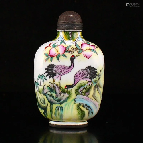 Vintage Chinese Bronze Enamel Crane Design Snuff Bottle