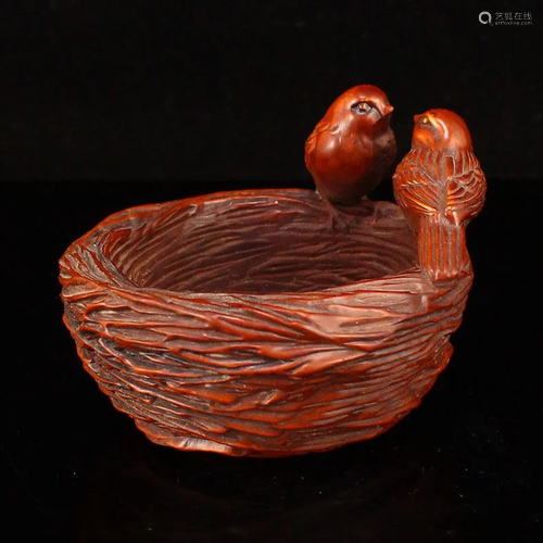 Chinese Boxwood Wood Bird & Bird Nest Statue