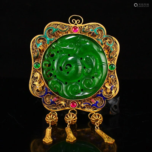 Openwork Green Jade Inlay Gold Wires & Gem Pendant