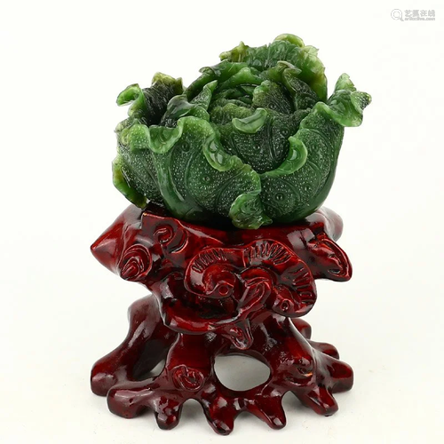 Chinese Green Hetian Jade Fortune Cabbage Statue