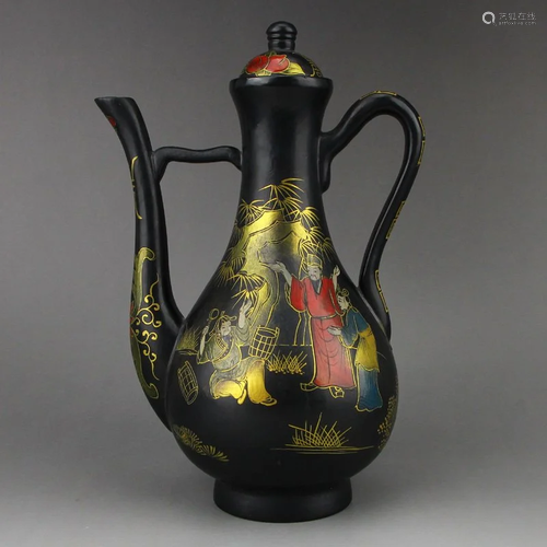 Vintage Chinese Gilt Gold Black Lacquerware Wine Pot