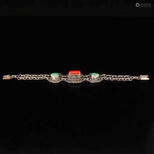 Pure Silver Inlay Turquoise & Red Coral Bracelet