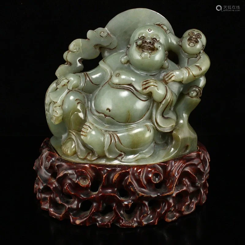 Superb Qing Dy Hetian Jade Laughing Buddha & Kid Statue