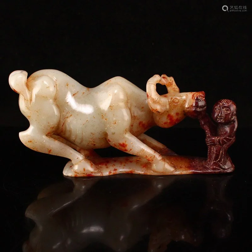 Chinese Qing Dy Hetian Jade Fortune Ox & kid Statue