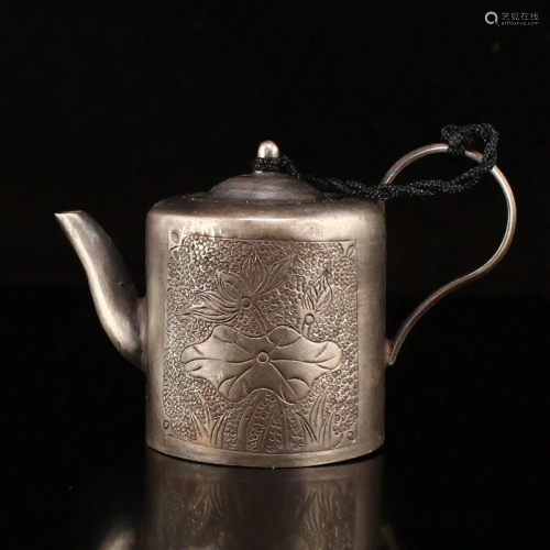 Qing Dy Pure Silver Lotus Flower Design Small Teapot
