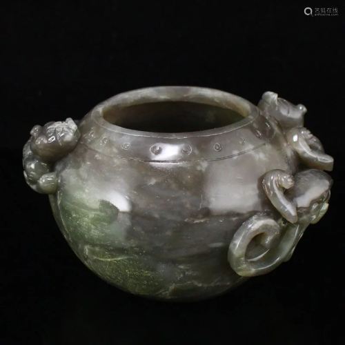 Natural Hetian Jade High Relief Chi Dragon Brush Washer