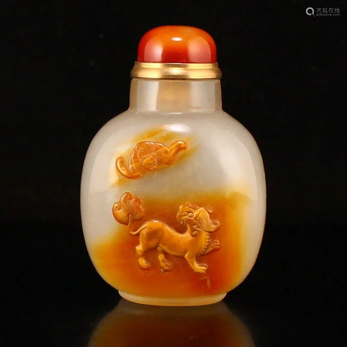 Low Relief Fortune Kylin & Bat Agate Snuff Bottle