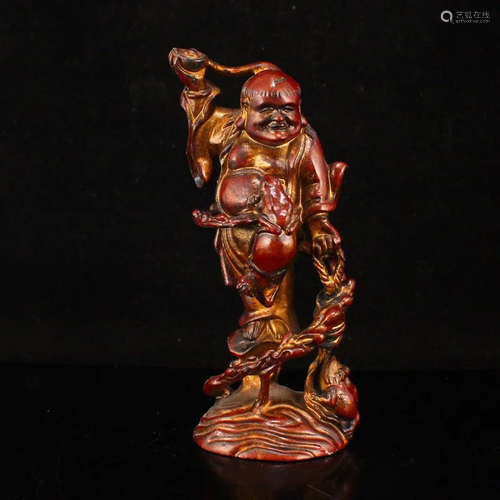 Gilt Gold Red Copper Liuhai & Fortune Toad Statue