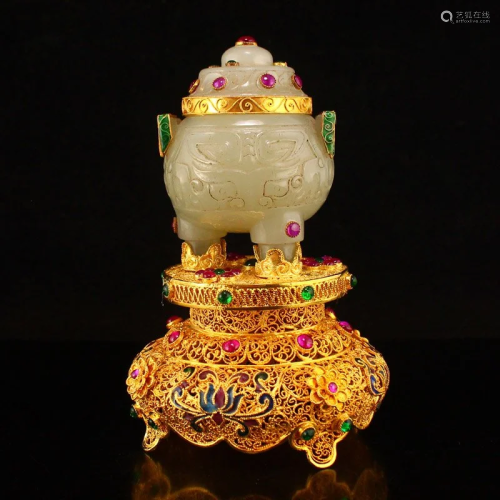 Qing Dy Gilt Gold Enamel Hetian Jade Incense Burner