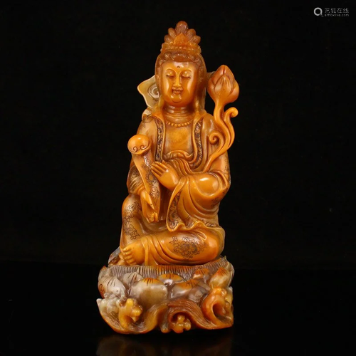 Chinese Qing Dy Tianhuang Stone Ruyi Kwan-Yin Statue