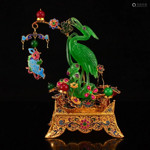 Gold Wire Enamel Inlay Green Jade Fish & Crane Statue