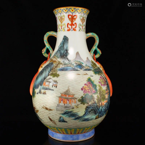 Gilt Edges Famille Rose Double Ears Porcelain Vase