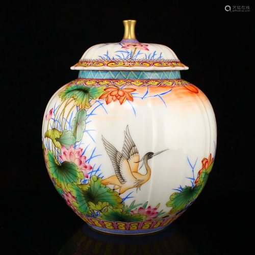 Famille Rose Poetic Prose Lotus Flower Porcelain Jar