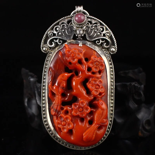 Qing Dynasty Pure Silver Inlay Nanhong Agate Pendant