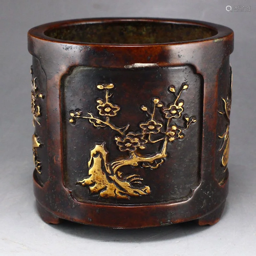 Vintage Chinese Gilt Gold Red Copper Brush Pot