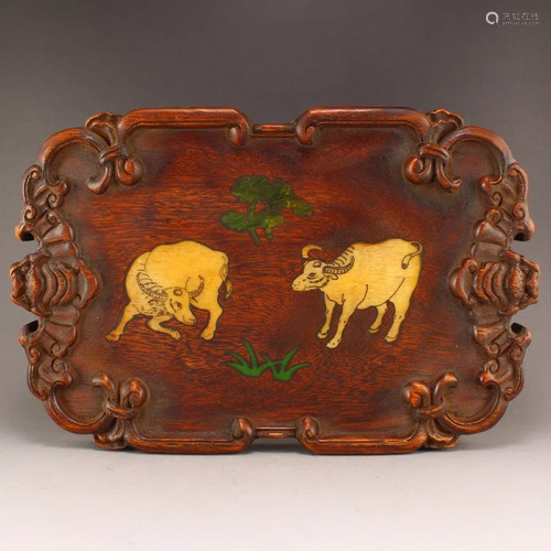 Zitan Wood Inlay Shell Fortune Ox Design Tea Tray