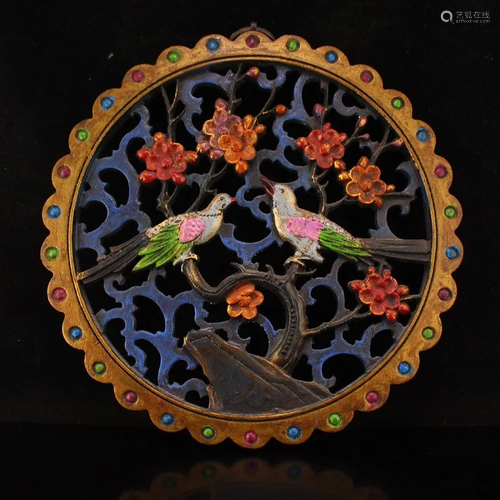 Gilt Gold Red Copper Magpie & Plum Flower Wall Hanging