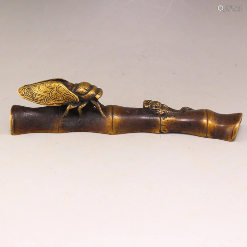 Vintage Chinese Brass Cicada & Bamboo Paperweight