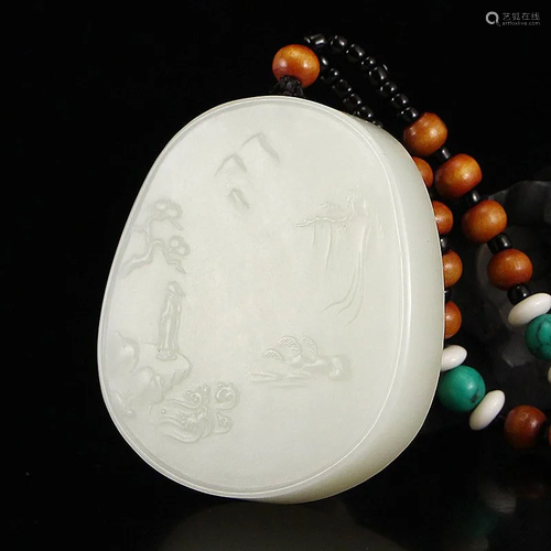 Chinese Hetian Jade Pendant - Mountain River Scene