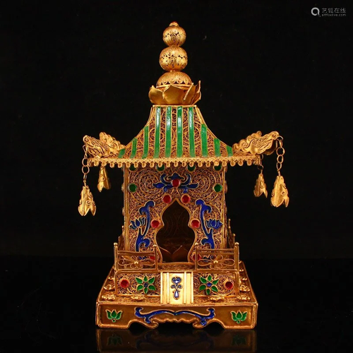 Superb Chinese Qing Gold Wire Enamel Inlay Gems Shrine