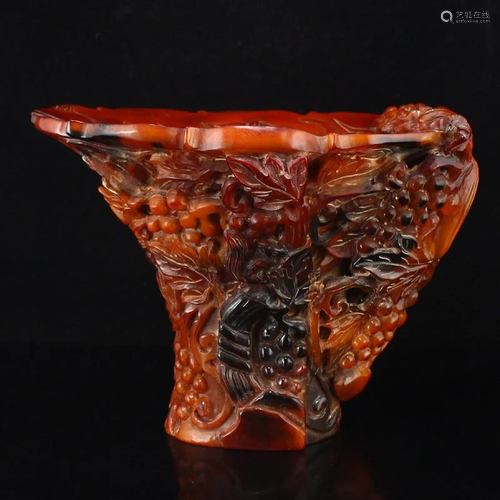 Qing Dynasty Ox Horn Low Relief Grapes Sacrifice Cup