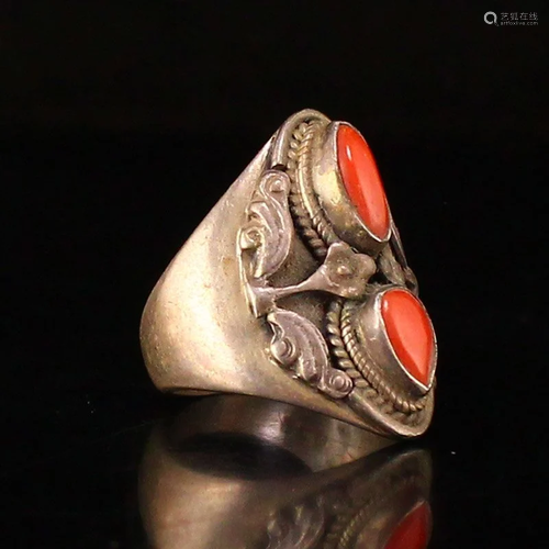 Vintage Chinese Pure Silver Inlay Red Coral Ring