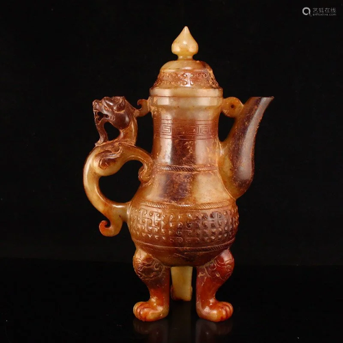 Superb Vintage Chinese Hetian Jade Dragon Head Wine Pot