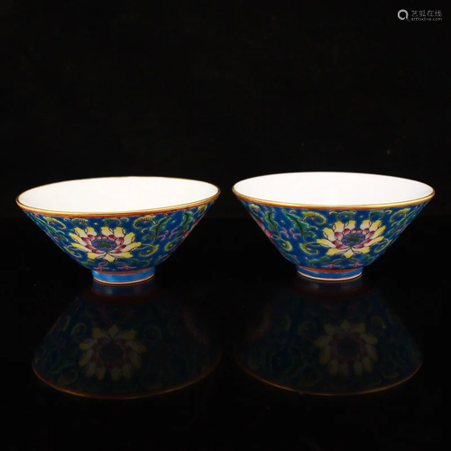 Pair Chinese Blue Ground Famille Rose Porcelain Cups