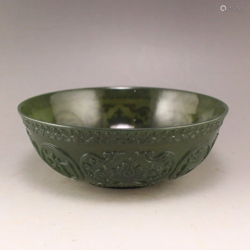 Superb Chinese Qing Green Hetian Jade Low Relief Bowl