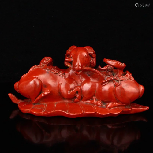 Vintgae Chinese Red Lacquerware Ruyi Sheep Statue