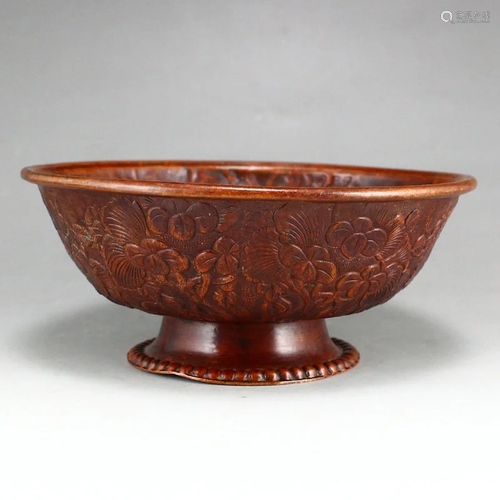 Vintage Chinese Red Copper Flowers & Birds Design Bowl