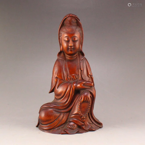 Vintage Chinese Boxwood Wood Kwan-yin Statue