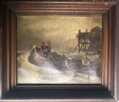 19TH CENTURY OIL ON CANVAS PEOPLE ON BOAT