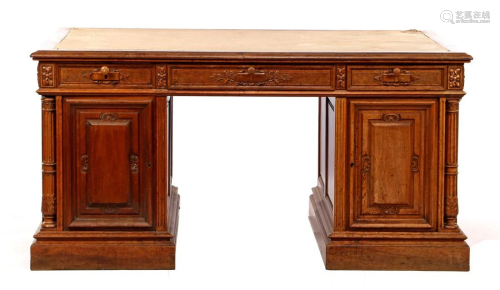 Solid oak decorated 3-part Empire desk
