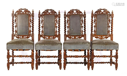 4 oak richly decorated Mechelen dining room chairs